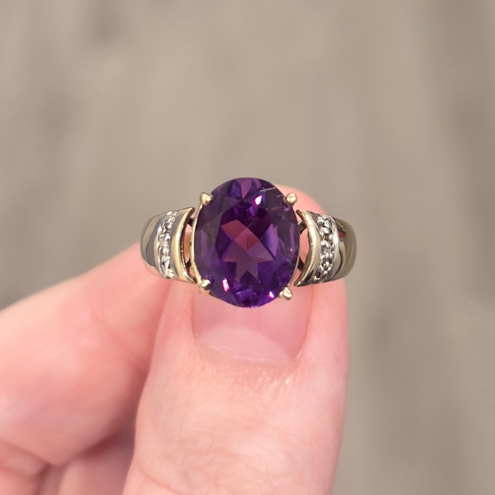 Vintage 10K Amethyst Ring: Diamond Accent Oval Solitaire Open Setting Size 6.75 - Picture 3 of 16